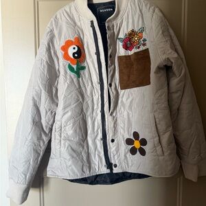 Reason Unisex Cream Bomber Jacket with Colorful Flower Patches and front Pocket